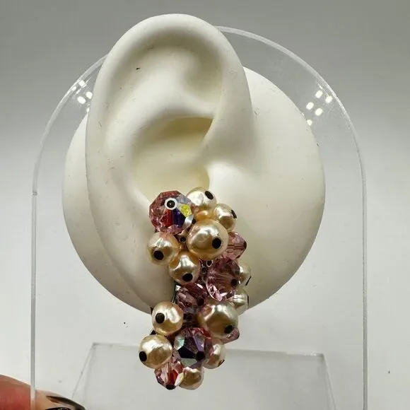 Vintage Laguna Pink Aurora Borealis crystal and Faux Pearl clip on earrings!
